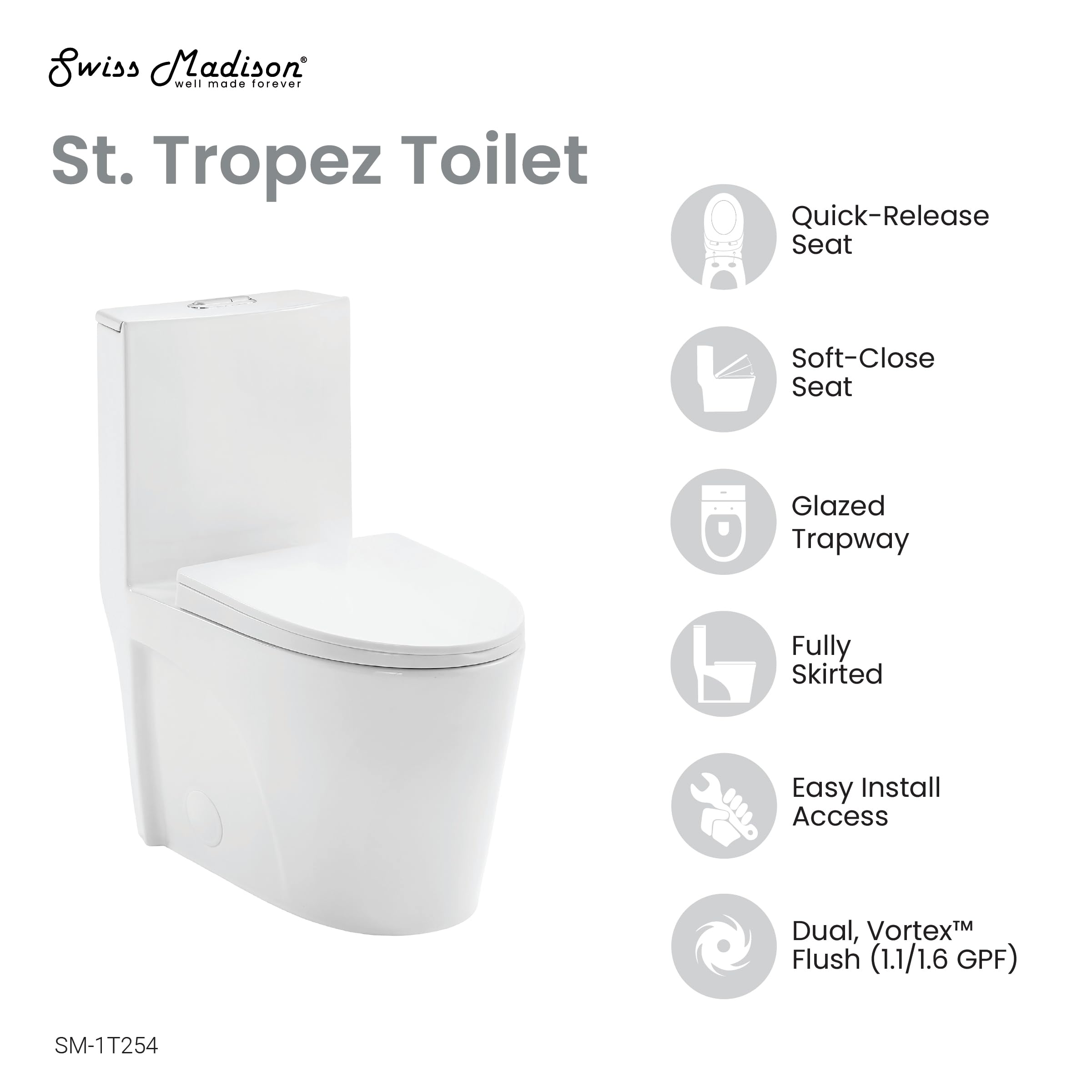 Swiss Madison Well Made Forever SM-1T254 St. Tropez One Piece Toilet, 26.6 x 15 x 31 inches, Glossy White