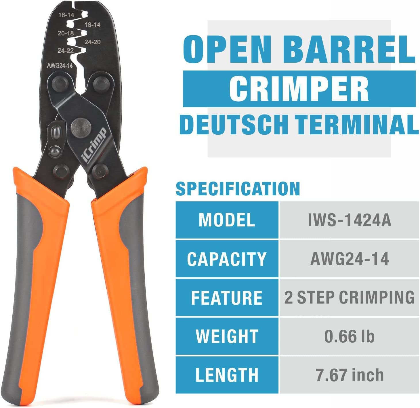 iCrimp Open Barrel Terminal Crimping Tool for Molex Style DELPHI AMP TYCO Deutsch Terminals Crimper, Molex Crimping Tool,24-14 AWG