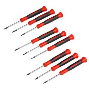 efficere 9-piece precision screwdriver set | phillips #0, 00, 000 | flat 1.5mm, 2.0mm, 2.5mm | torx t5, t6, t7 | durable chrome vanadium steel shaft, magnetic tip, ergonomic grip, and swivel end cap