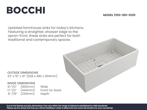 BOCCHI Contempo Farmhouse Apron Front Fireclay 33 in. Single Bowl Kitchen Sink with Protective Bottom Grid and Strainer in White