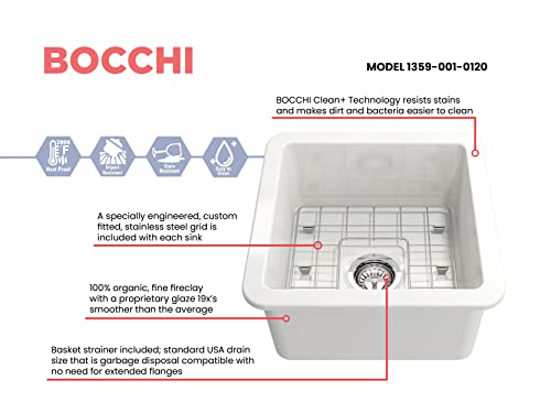 BOCCHI Sotto Dual-Mount Fireclay 18 in. Single Bowl Bar Sink with Protective Bottom Grid and Strainer in White