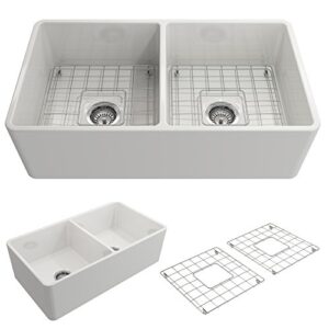 bocchi classico farmhouse apron front fireclay 33 in. double bowl kitchen sink with protective bottom grid and strainer in white