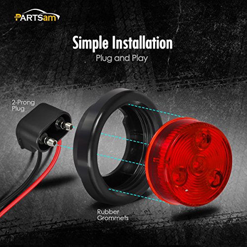 Partsam 2pcs Red Led Light Trailer 2" Round w/Plug & Grommet Kits Marker 4 LED, Flush Mount Red 2 Inch Round Led Trailer Lights, Sealed 2 Inch Round Led Marker Lights Red RV Trucks