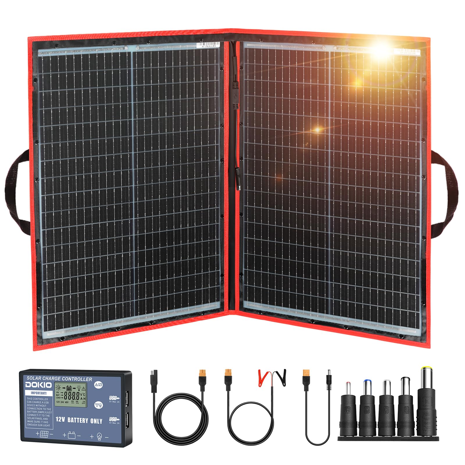 DOKIO 110w 18v Portable Foldable Solar Panel Kit (21x28inch, 5.9lb),Solar Controller 2 USB Output to Charge 12v Batteries/Power Station (AGM, Lifepo4) Rv Camping Trailer Emergency Power