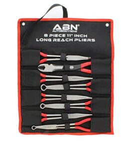 abn 11in plier 8-piece set – long reach circle, power diagonal cutting, s-shape, angled, and straight nose pliers