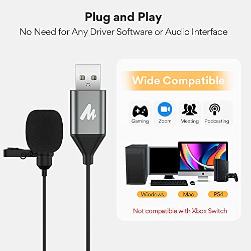 MAONO USB Lavalier Microphone, 192KHZ/24BIT Plug & Play Omnidirectional Lapel Shirt Collar Clip on Mic for PC, Computer, Mac, Laptop, YouTube, Skype, Recording, Podcasting, Gaming, AU-UL10