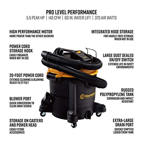 Vacmaster Professional - Professional Wet/Dry Vac, 12 Gallon, Beast Series, 5.5 HP 2-1/2" Hose (VJH1211PF0201) , Black