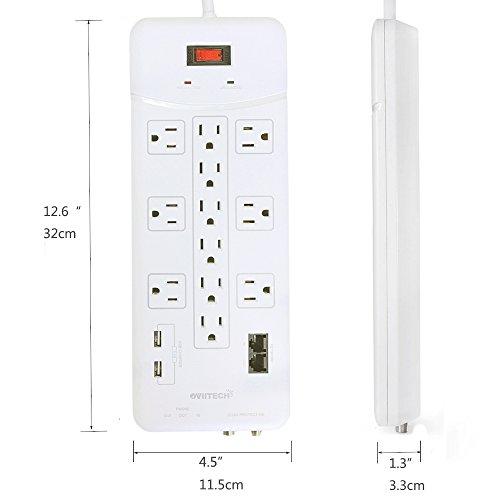 OviiTech 12 Outlet All-In-One Mountable Surge Protector Power Strip with2 USB Charging Ports(3.1A Total and Phone/Ethernet/Coax Protection,6 Foot Heavy Duty Extension Cord,4380 Joules,White,ETL Listed