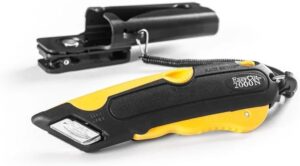 easycut box cutter, extra tape cutter at back, dual side edge guide, 3 blade depth setting, 2 blades and holster - 2000n yellow color knife easy cut