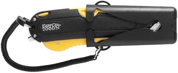 Easycut Box Cutter, extra tape cutter at back, dual side edge guide, 3 blade depth setting, 2 blades and holster - 2000N Yellow Color Knife Easy Cut