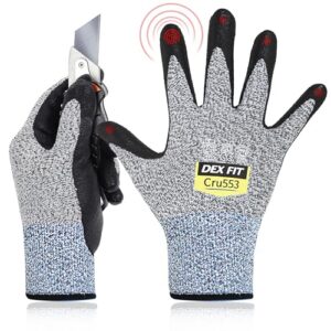 dex fit level 5 cut resistant gloves cru553, 3d-comfort fit, firm grip, thin & lightweight, touch-screen compatible, durable, breathable & cool, machine washable; grey l (9) 1 pair