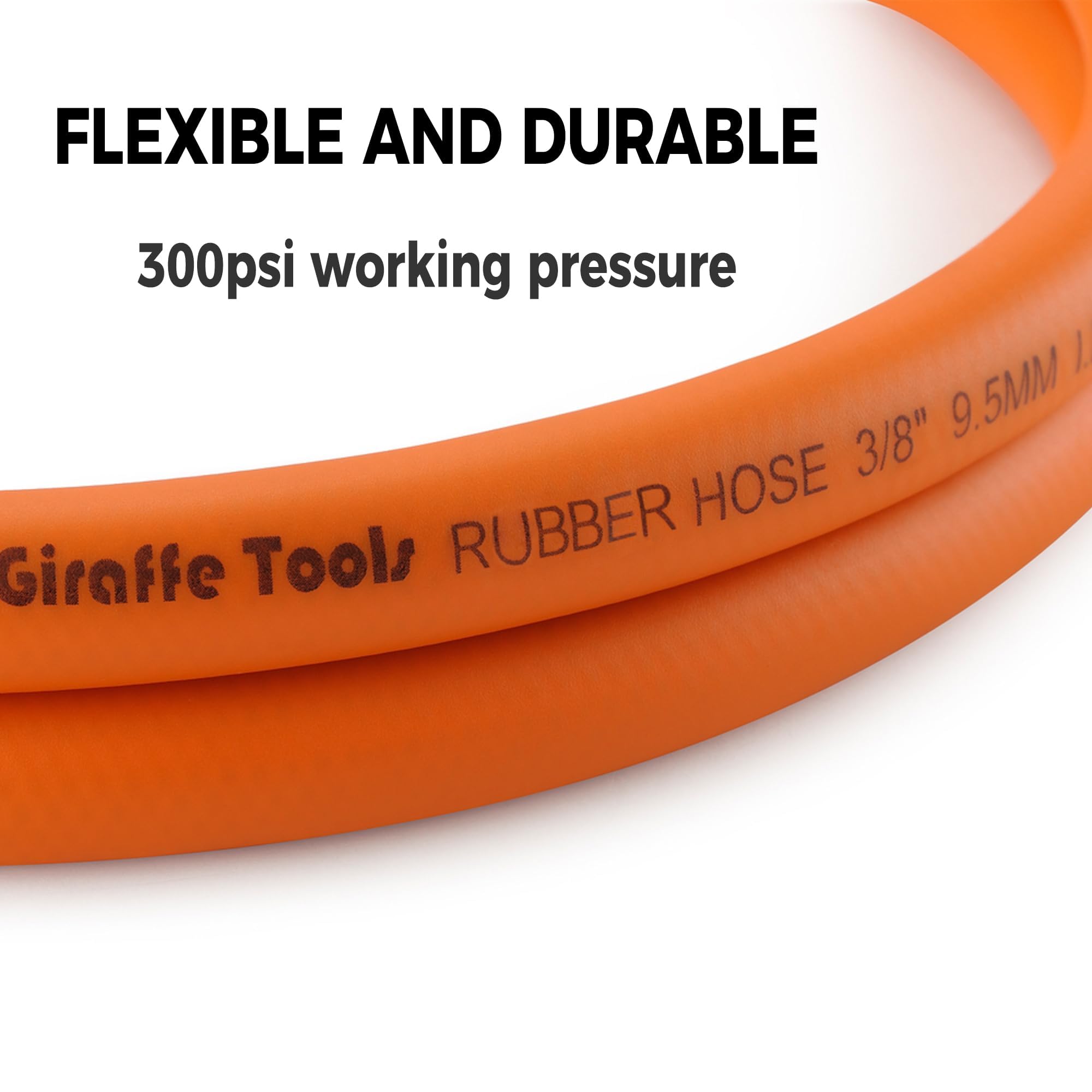 Giraffe Tools Rubber Air Hose, 3/8 inch x 25 ft, 1/4 in. MNPT Fittings, 300 PSI Heavy Duty, Lightweight Air Compressor Hose