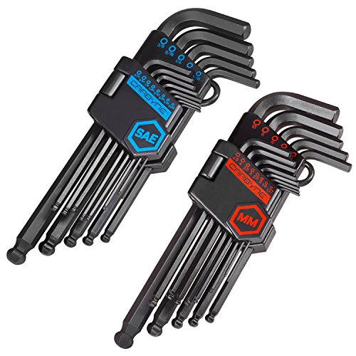 Carbyne Allen Wrenches Sets Long Arm Ball End - 26 Piece, Inch (Standard) / Metric. Includes Metric Hex 1.27mm-10mm, SAE Hex 0.05"-3/8". S2 Steel. A Perfect Set of Allen Wrenches/Allen Key Set