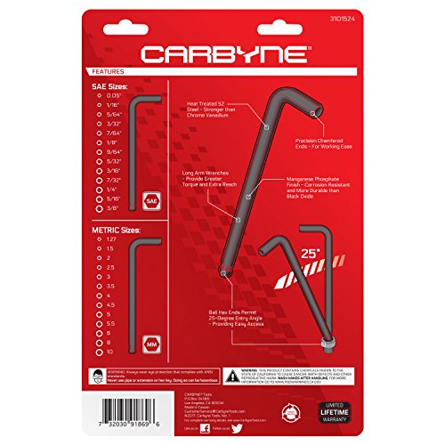 Carbyne Allen Wrenches Sets Long Arm Ball End - 26 Piece, Inch (Standard) / Metric. Includes Metric Hex 1.27mm-10mm, SAE Hex 0.05"-3/8". S2 Steel. A Perfect Set of Allen Wrenches/Allen Key Set