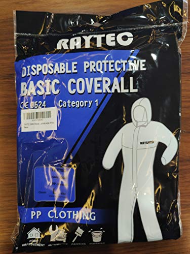 RAYGARD 30003 Disposable Dust Protective Polypropylene PP Coverall with Hood Suit Lightweight Elastic Cuffs, Ankles, Waist Zipper Front for Spray Painting Industrial(Large,White)