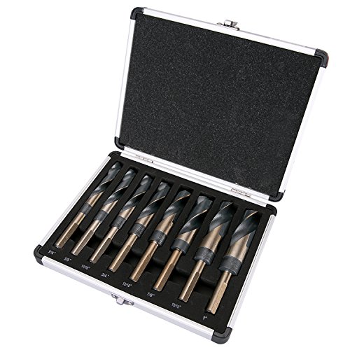 EFFICERE 8-Piece Premium 1/2” Reduced Shank Silver and Deming Large Drill Bit Set in Aluminum Carry Case, M2 High Speed Steel, 135-Degree Split Point | SAE Inch Size 9/16” - 1” by 1/16th Increment