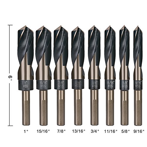 EFFICERE 8-Piece Premium 1/2” Reduced Shank Silver and Deming Large Drill Bit Set in Aluminum Carry Case, M2 High Speed Steel, 135-Degree Split Point | SAE Inch Size 9/16” - 1” by 1/16th Increment