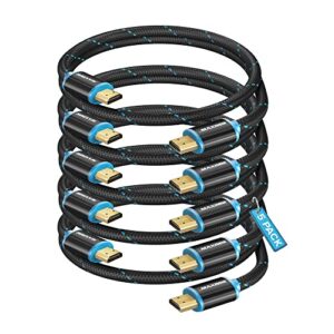 hdmi cable 4k ultra hd 1 foot (5 pack) nylon braided hdmi 2.0 cable, high speed 18gbps 4k60hz hdr, 3d, 2160p, 1080p, hdcp 2.2, arc, hdmi cables for monitors, hdtv