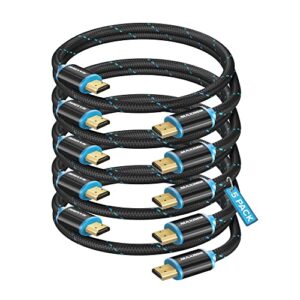 HDMI Cable 4K Ultra HD 1 Foot (5 Pack) Nylon Braided HDMI 2.0 Cable, High Speed 18Gbps 4K60Hz HDR, 3D, 2160p, 1080p, HDCP 2.2, ARC, HDMI Cables for Monitors, HDTV