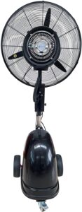 cool-off island breeze oscillating misting fan, 3 cooling speeds with 12 gallon tank, adjustable height, art deco pedestal fan for backyards, patios and more, 26 inch, black