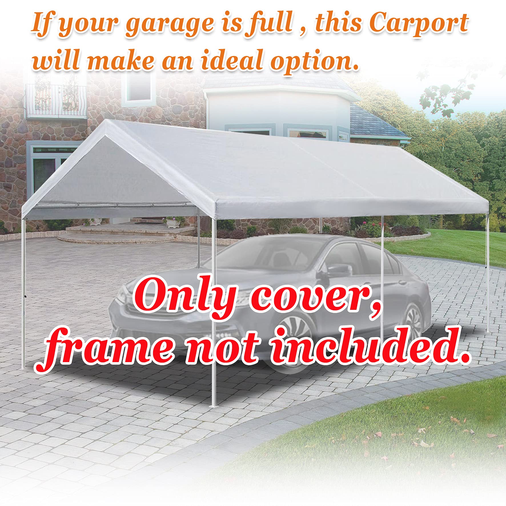 Strong Camel 10'x20' Carport Replacement Canopy Cover for Tent Top Garage Shelter Cover with Ball Bungees (Only Cover, Frame is not Included)