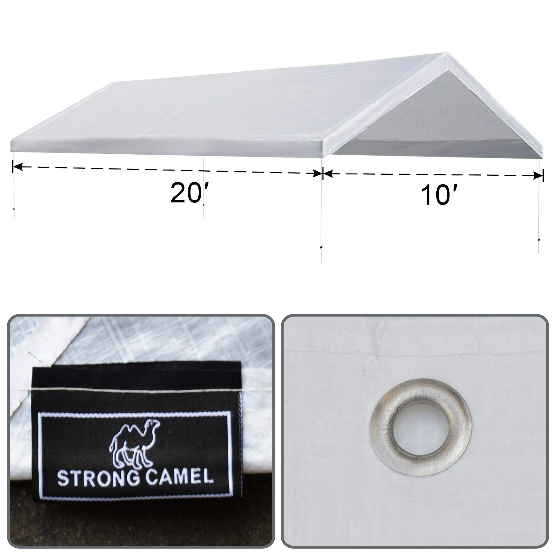 Strong Camel 10'x20' Carport Replacement Canopy Cover for Tent Top Garage Shelter Cover with Ball Bungees (Only Cover, Frame is not Included)