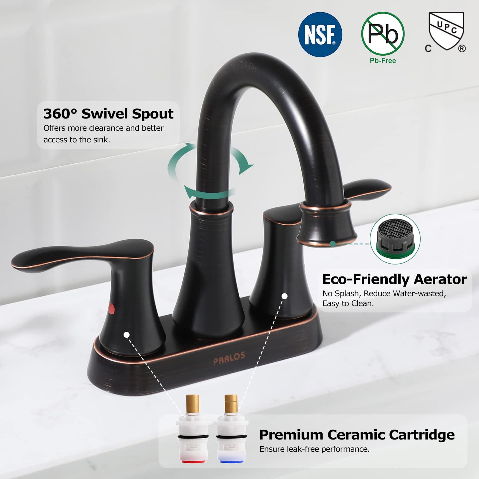 PARLOS 2-Handle Bathroom Sink Faucet High Arc Swivel Spout with Metal Drain Assembly and Faucet Supply Lines, Oil Rubbed Bronze, Demeter 13628