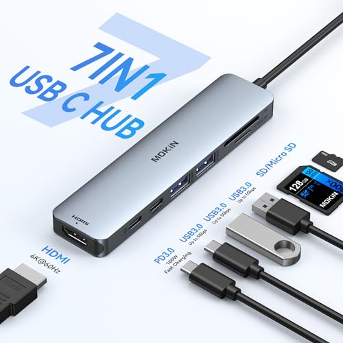 USB C Hub HDMI Adapter for MacBook Pro/Air, MOKiN 7 in 1 USB C Dongle with HDMI, SD/TF Card Reader, USB C Data Port,100W PD, and 2 USB 3.0 Compatible for MacBook Pro/Air, Dell XPS, Lenovo Thinkpad.