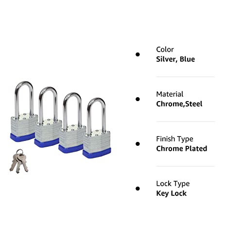 SEPOX 40mm Keyed Alike Padlock 4 Pack Laminated Steel Keyed Padlocks with Long Shackle, 1-9/16" Wide Body Set of 4 pad Locks with Same Key