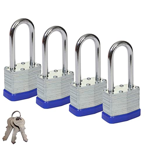 SEPOX 40mm Keyed Alike Padlock 4 Pack Laminated Steel Keyed Padlocks with Long Shackle, 1-9/16" Wide Body Set of 4 pad Locks with Same Key