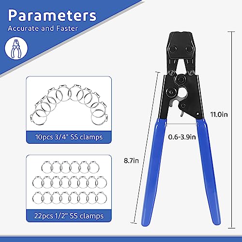JWGJW PEX Clamp Cinch Tool Crimping Tool Crimper for Stainless Steel Clamps from 3/8"to 1" with 1/2" 22PCS and 3/4" 10PCS PEX Clamps (002)