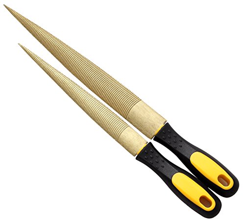 NKTM Needle File Set Wood Files for Wood Working Files Tools Golden Tapered Wood Rasp File with Rubber Handle in Gift Bag for Carving 2 Pack (8 * 10 inch)