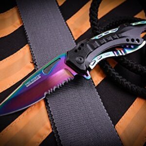 Snake Eye Tactical Assisted Opening Tactical Folding Knife, Rainbow Half-Serrated Blade, Black Handle, 4-1/2-Inch Closed, Rainbow (2-Pack)