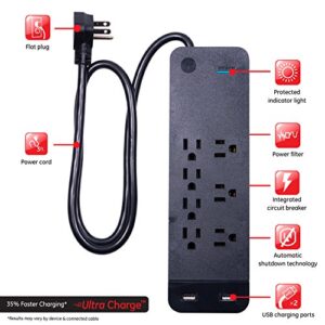 GE Pro 7-Outlet Surge Protector, 2 USB Ports, 3 Ft Extension Cord, 1780 Joules, 2.1 AMP/10 Watt, 3 Adapter Spaced Outlets, Flat Plug, Wall Mount, Warranty, UL Listed, Black, 37054