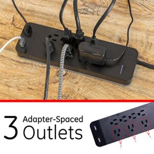 GE Pro 7-Outlet Surge Protector, 2 USB Ports, 3 Ft Extension Cord, 1780 Joules, 2.1 AMP/10 Watt, 3 Adapter Spaced Outlets, Flat Plug, Wall Mount, Warranty, UL Listed, Black, 37054