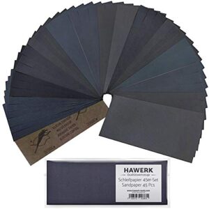 hawerk professional sandpaper 45pcs. kit - 80-3000 grit - tear resistant sand paper sheets for wood, plastic, metal and all types of surfaces