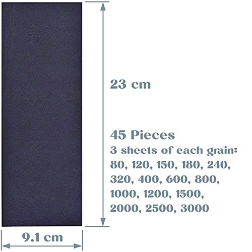 HAWERK Professional Sandpaper 45Pcs. Kit - 80-3000 Grit - Tear Resistant Sand Paper Sheets for Wood, Plastic, Metal and All Types of Surfaces