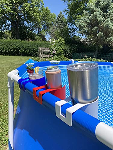 Storage Theory Plastic Cup Holder Set for Above Ground Swimming Pool - 4 Cup Holders for Drinks, Cups and Accessories - Fits 2” or Less Round Bar Top Rails - Blue