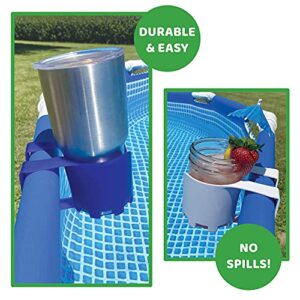 Storage Theory Plastic Cup Holder Set for Above Ground Swimming Pool - 4 Cup Holders for Drinks, Cups and Accessories - Fits 2” or Less Round Bar Top Rails - Blue