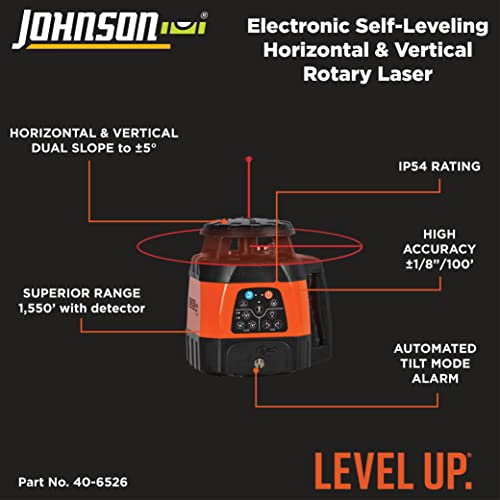 Johnson Level & Tool 99-028K Electronic Self-Leveling Dual Slope Horizontal/Vertical Rotary Laser System, Red, 1 Kit