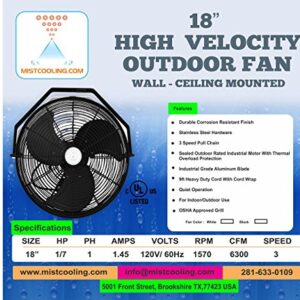 Misting Fan - Patio Mist Fan - Outdoor Mist Fan - For Residential, Commercial, Restaurant and Industrial Misting Application (18 Inch Black Fan)