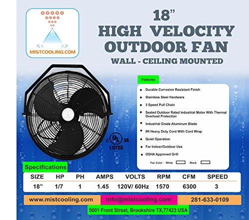 Misting Fan - Patio Mist Fan - Outdoor Mist Fan - For Residential, Commercial, Restaurant and Industrial Misting Application (18 Inch Black Fan)