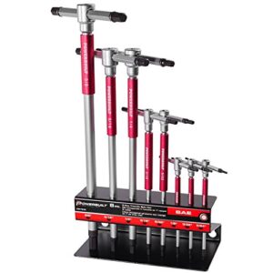 powerbuilt 8 pc sae t-handle hex allen key wrench set w/ speed sleeves for fast spinning action, sliding top handle for “t” or “l” shape, long shafts, storage rack, auto, bicycle, moto - 941644 , red