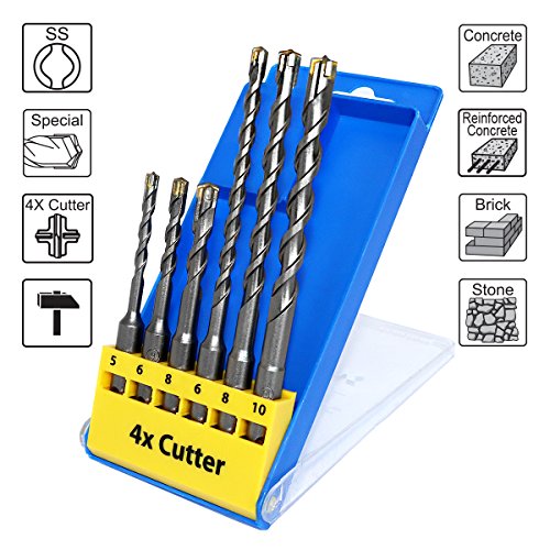 S&R Carbide Drill Bit Set SDS-Plus for Concrete, Granite, Stone. Drill Bit Set 6 Pieces 5, 6, 8 x 110 mm; 6, 8, 10 x 160 mm in Plastic Box - Hammer Drill and Impact Drill Bits