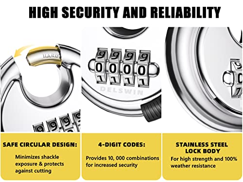 DELSWIN 4 Digit Combination Lock Disc Padlock with Hardened Steel Shackle Outdoor Combo Lock for Outdoor Gate Sheds,Storage Unit,Garage,Fence,Gym Locker(2 Pcs)