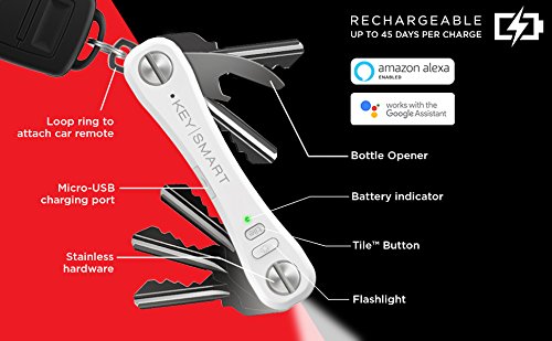 KeySmart Pro - Compact Smart Key Holder w LED Flashlight & Tile Bluetooth, EDC Key Organizer, Attach Car Key Fob, Other Mini Tools & Accessories (up to 10 Keys, White) - Discontinued