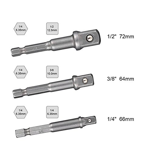 Impact Grade Socket Adapter Set - 3 Packs Drill Bit Adapter with Bit Holder, Sizes 1/4", 3/8", 1/2", 1/4-Inch Hex Shank, Cr-V, for Cordless Drill & Screwdriver, Power Drill & Driver