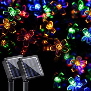 gigalumi 2 pack solar flower strings lights, solar fairy lights total 46 feet 100 led cherry blossoms string lights for outdoor, home, lawn, wedding, patio, party and holiday decorations-multicolor