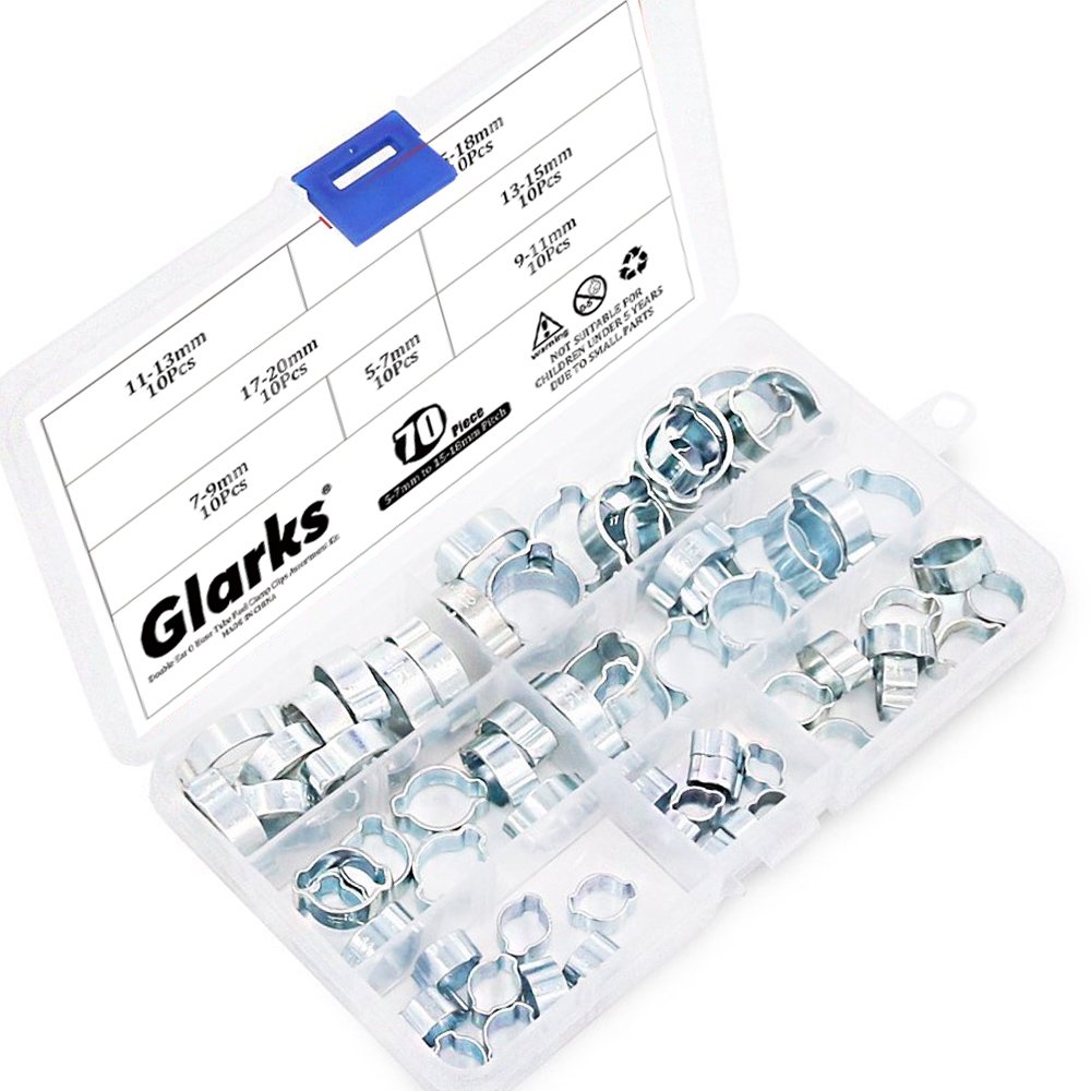 Glarks 70Pcs Zinc Plated Double Ear Hose Fuel Clamp with Standard Jaw Pincers Kit