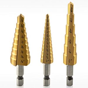 QWORK 3 Pcs Titanium Step Drill Bit Set, High Speed Steel, 1/8" - 3/4" Total 28 Sizes, HSS Multiple Hole Drilling Cutting with Storage Bag